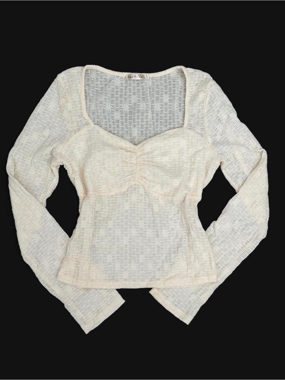 Heart Hips Cream Long Sleeve Lace Ruched Sweetheart Top